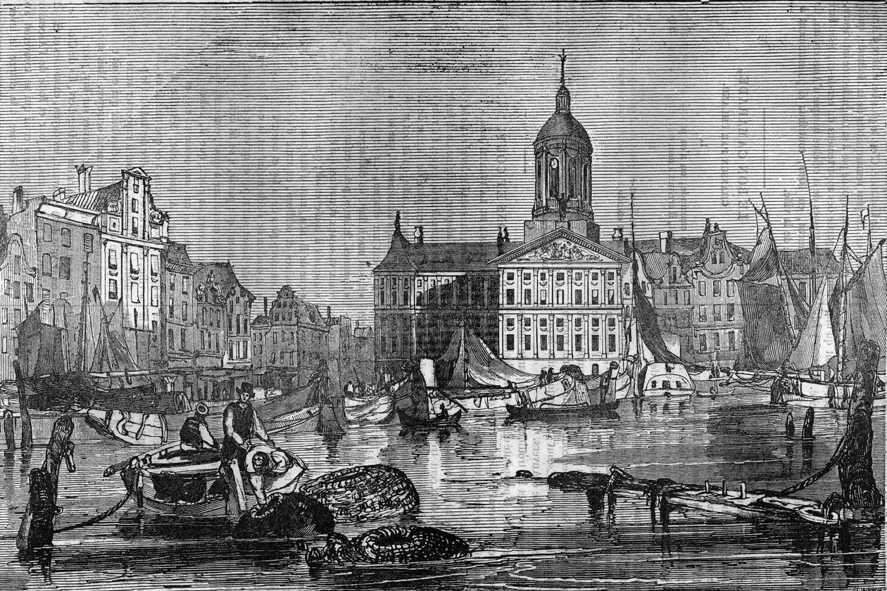 Vista da cidade de Amesterdão e da antiga Câmara Municipal no século XIX. de Unknown artist