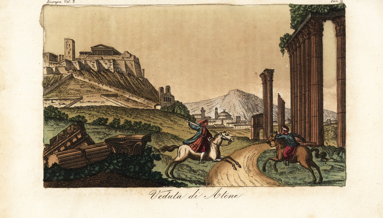 Vista da cidade de Atenas, Grécia, com a Acrópole e o Partenon à esquerda, ruínas de colunas, monumentos e Propylaea em frente de Unknown artist