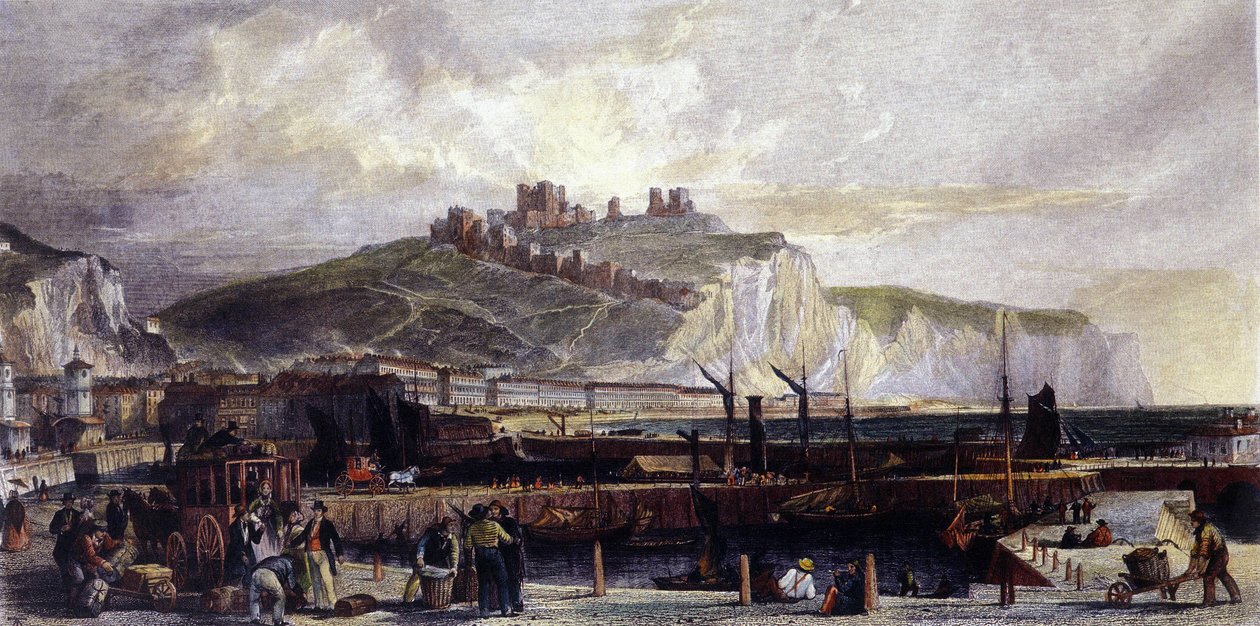 Vista da cidade de Dover e dos seus altos penhascos de giz branco na Inglaterra. 1850. de Unknown artist