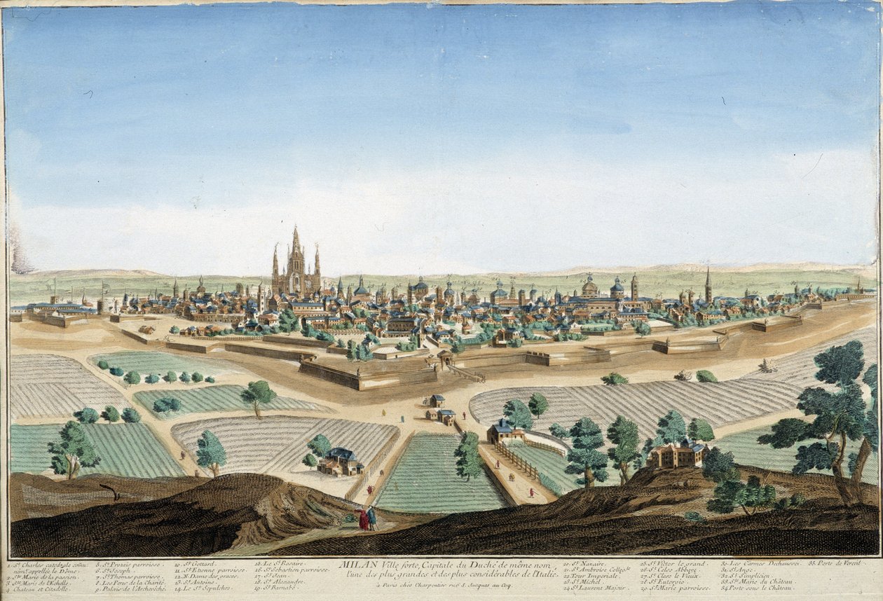 Vista da cidade de Milão, Itália, com a catedral e as fortificações. Gravura do século XVIII. de Unknown artist