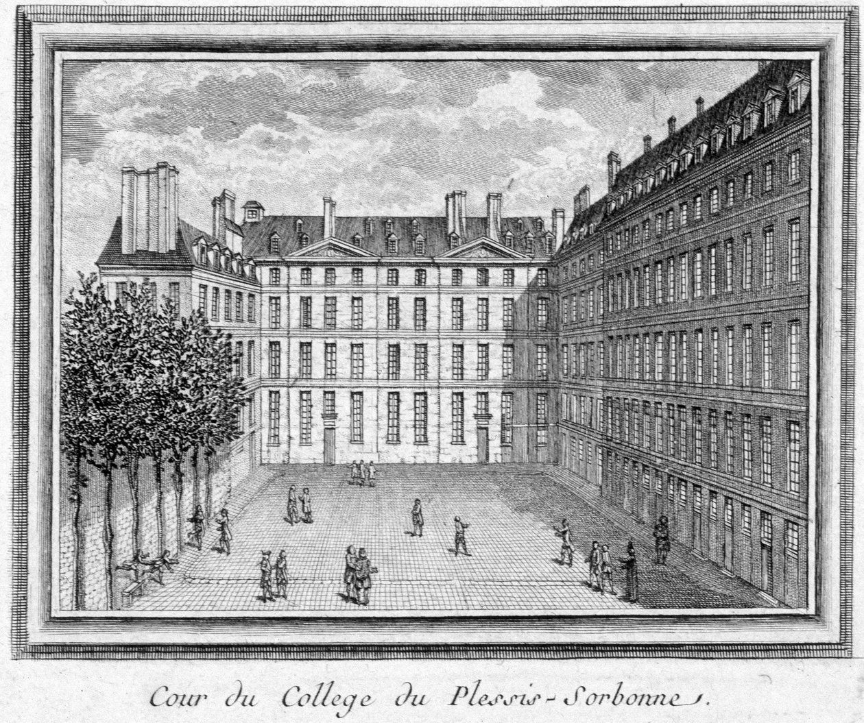 Vista da corte do Colégio de Plessis Sorbonne (Paris), fundado em 1323 por Geoffroy du Plessis Balisson, usado em 1848 e 1849 pela ENA. Gravura preservada no Carnaval do Musee. de Unknown artist