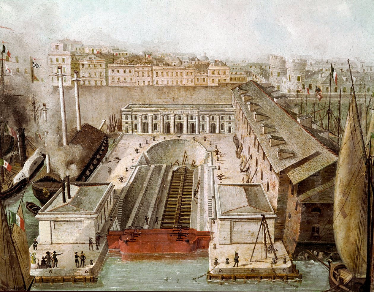 Vista do porão seco do porto de Nápoles inaugurado em 1852 (Vista sobre o porto seco de Nápoles) Pintura do Museo di Capodimonte de Nápoles do século XIX de Unknown artist
