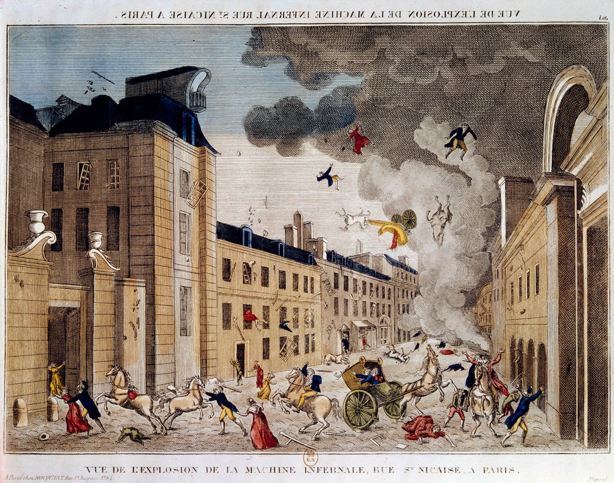 Vista da explosão da máquina infernal da rue Saint Nicaise, em Paris, no 3º nivose e IX. A conspiração da máquina infernal é uma conspiração para matar Napoleão Bonaparte, o novo Primeiro Cônsul após o golpe de Estado de 18 Brumaire. Um em de Unknown artist