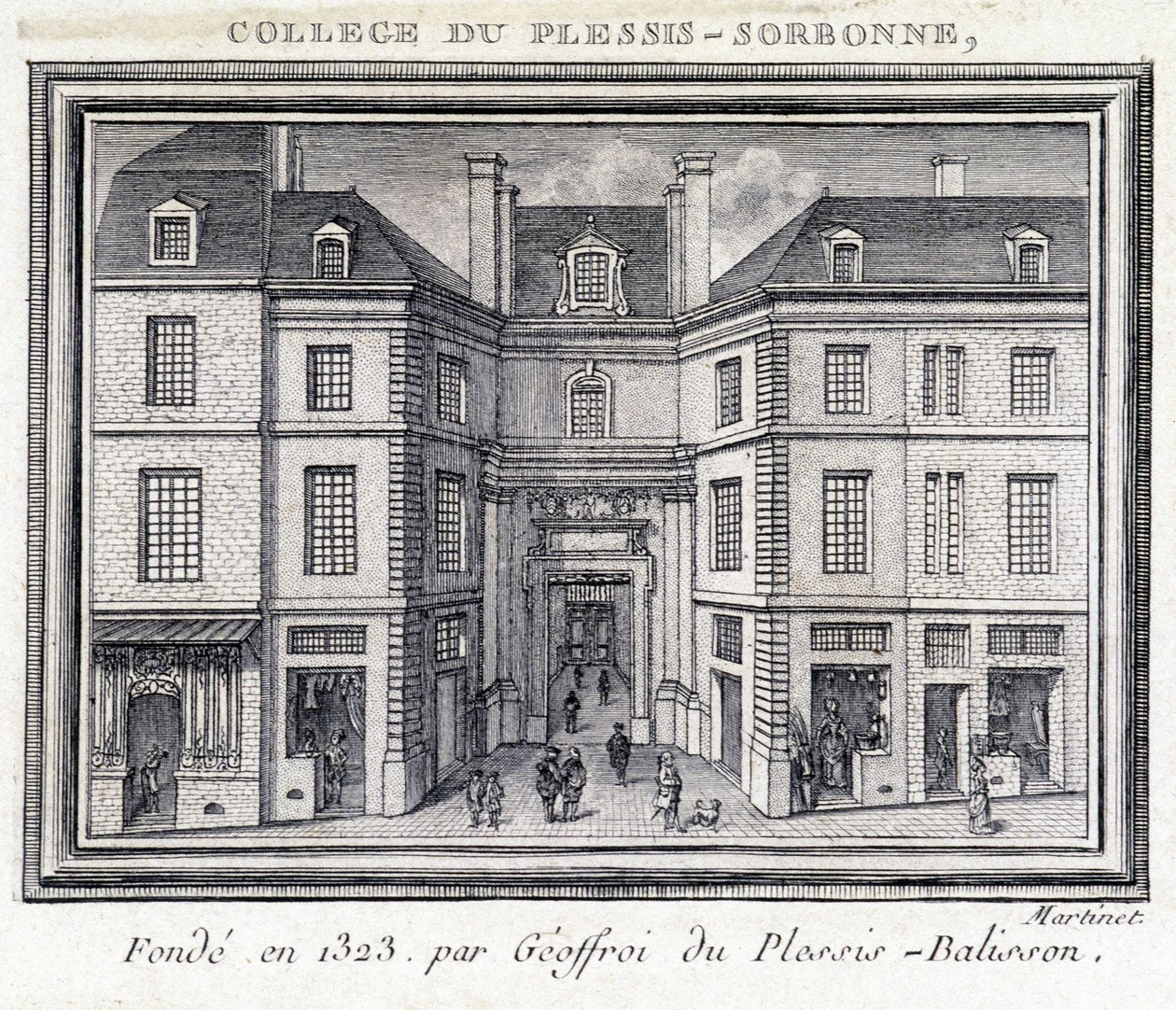 Vista da fachada exterior do Colégio de Plessis Sorbonne (Paris), fundado em 1323 por Geoffroy de Plessis Balisson, utilizado de 1848 a 1849 pela ENA. Gravura preservada no Musee Carnavalet, Paris. de Unknown artist