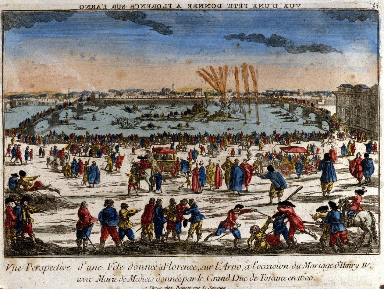 Vista da festa dada em Florença nas margens do rio Arno pelo Grão-Duque da Toscana por ocasião do casamento de Henrique IV com Maria de Médicis, em 1600. Gravura. de Unknown artist