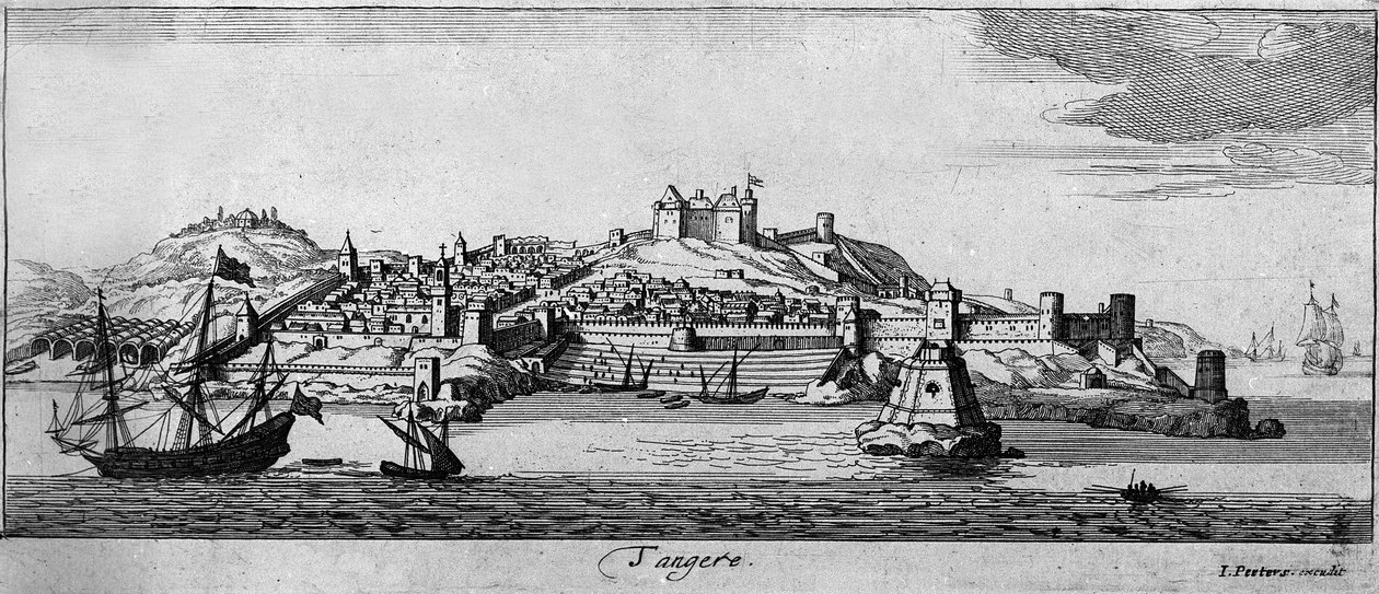 Vista da cidade fortificada de Tânger e da costa, Marrocos. Gravura do século XVIII. de Unknown artist