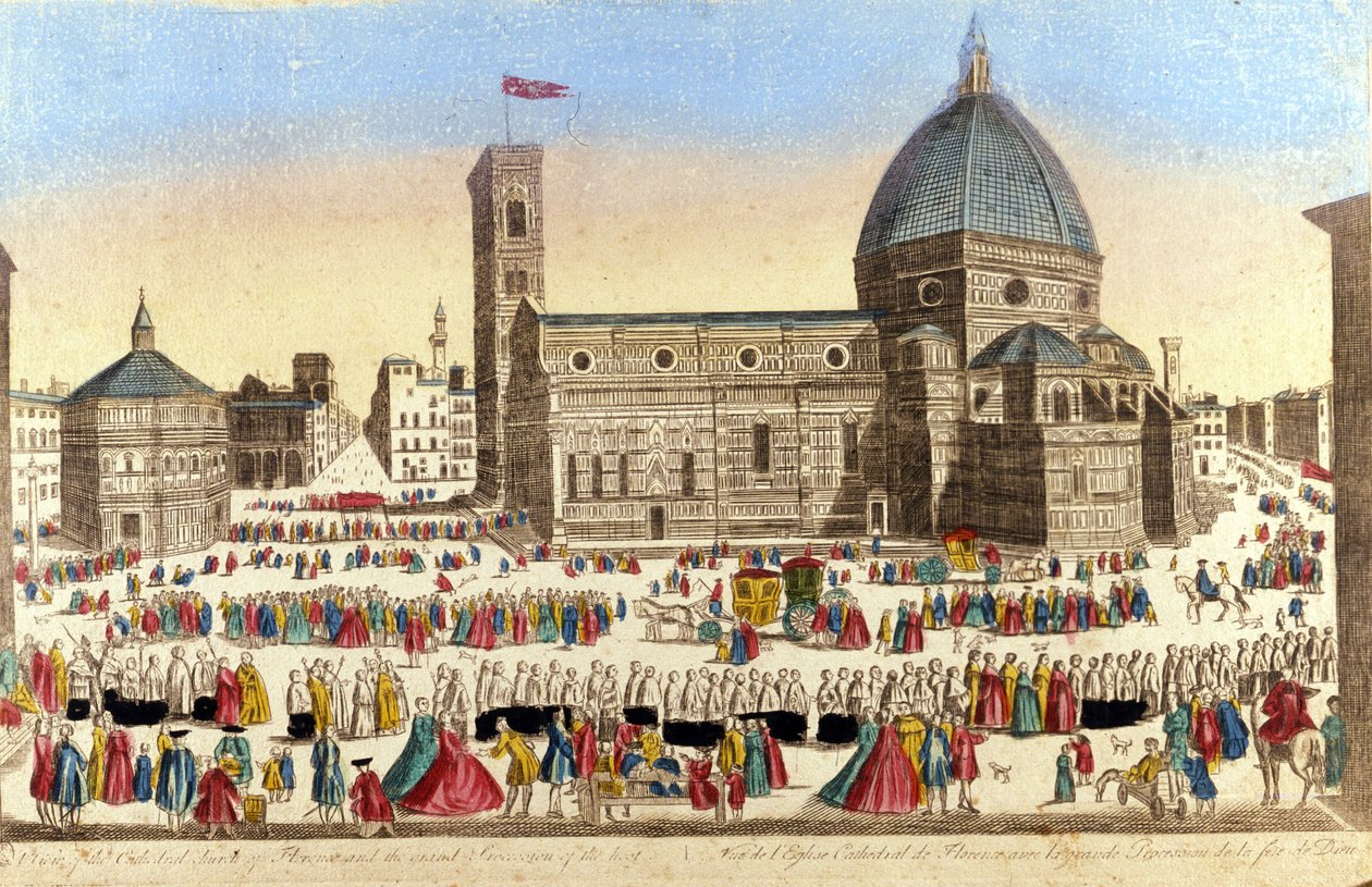 Vista da grande catedral de Florença (Duomo Santa Maria del Fiore), realizada por Filippo Brunelleschi, no dia da procissão do Santo Deus. 1790 por volta de 1790. de Unknown artist