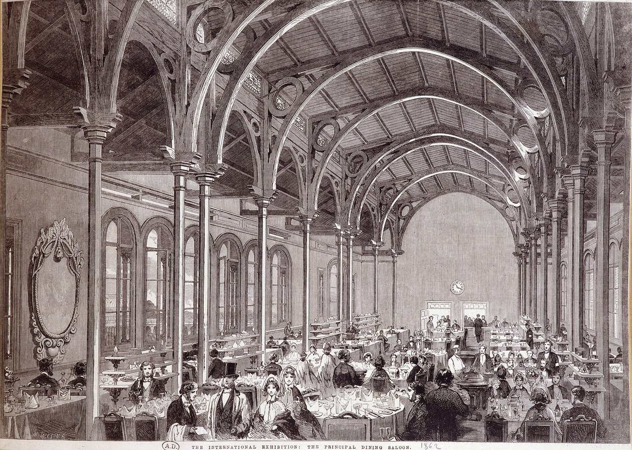Vista do restaurante principal da Exposição Internacional de Londres de 1862. de Unknown artist