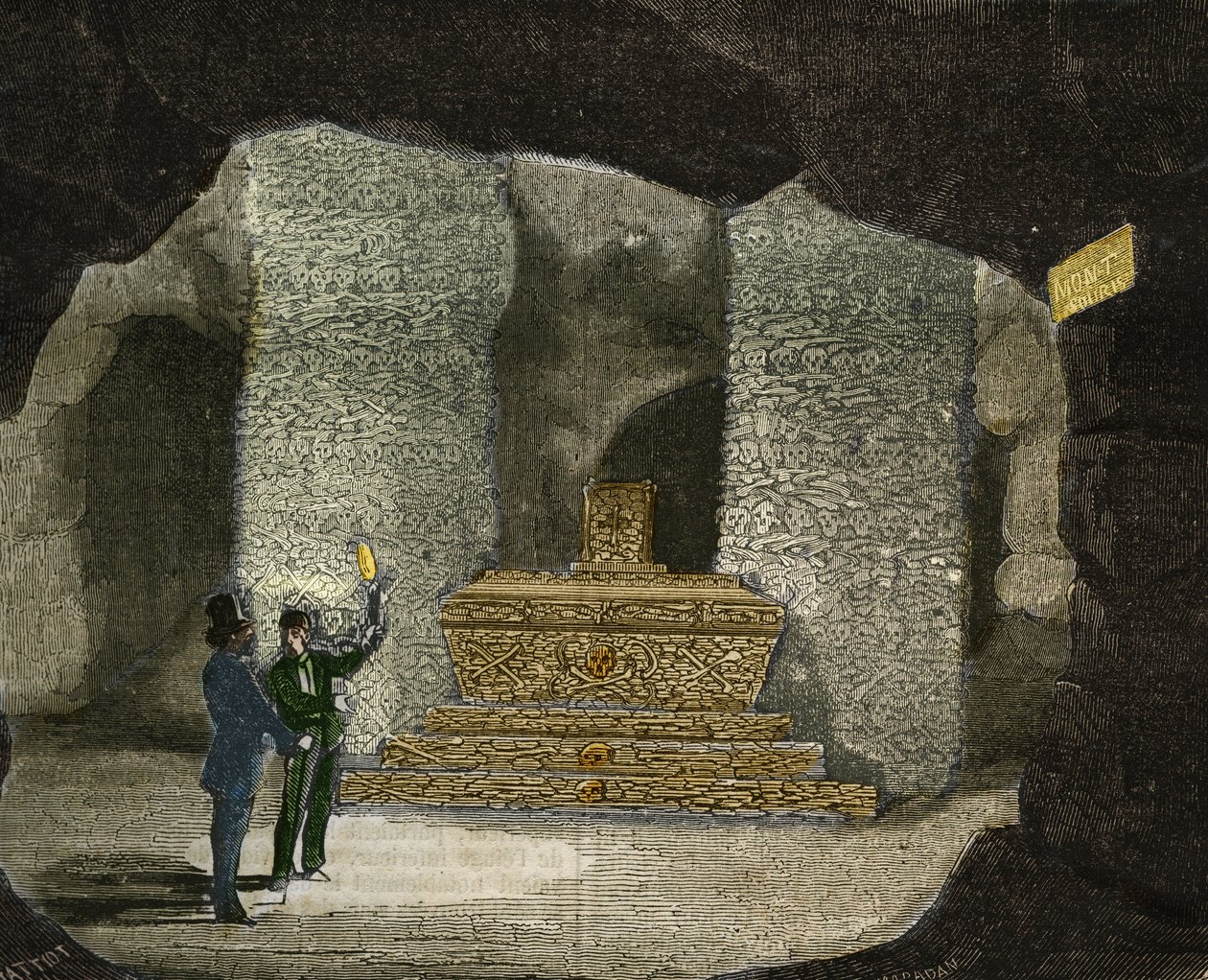 Vista do ossuário das catacumbas de Montsouris em Paris. Gravura de 1856 em "Le Musee Des Sciences". de Unknown artist