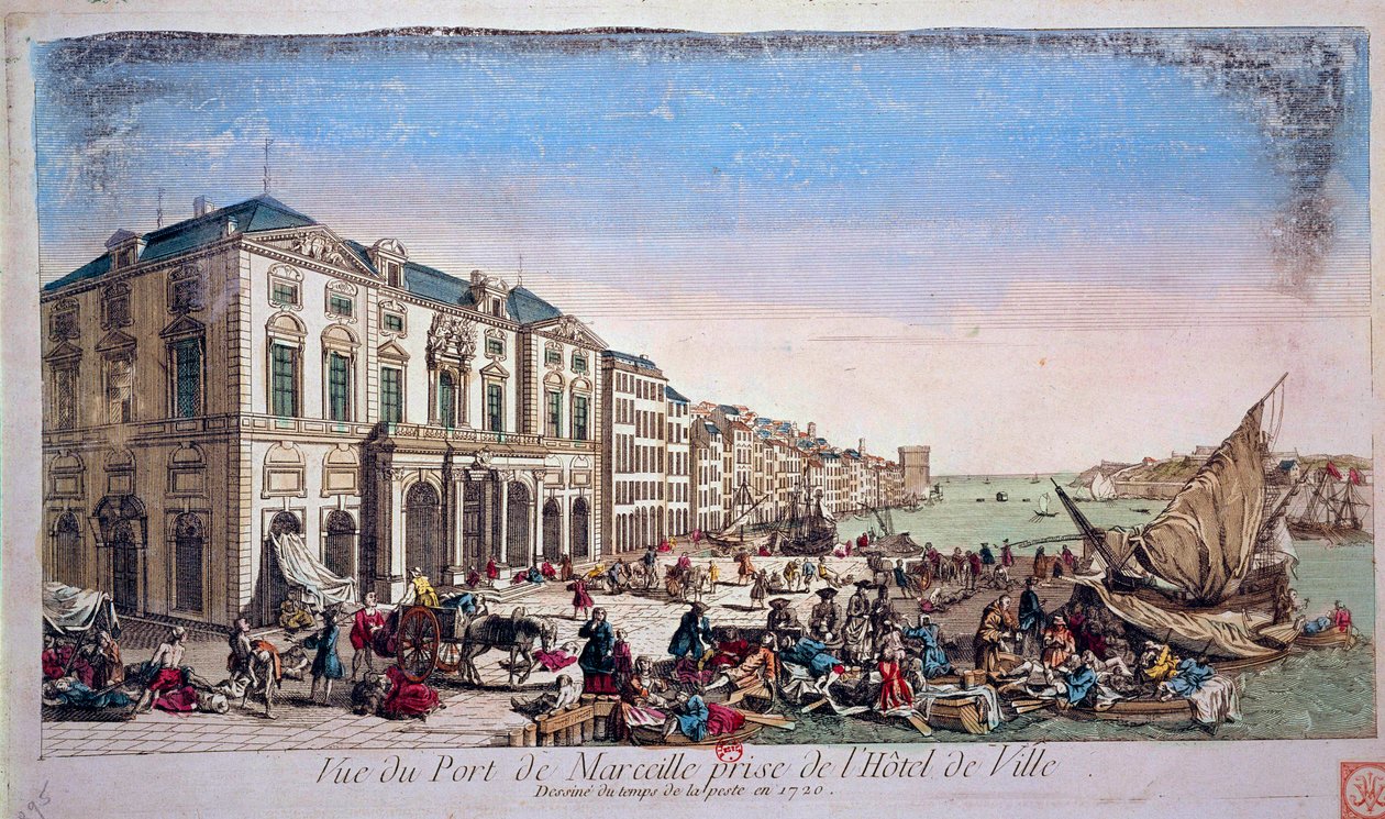 Vista do porto de Marselha da Prefeitura na época da epidemia de peste de 1720 Gravura de 1720 Paris, B.N. de Unknown artist