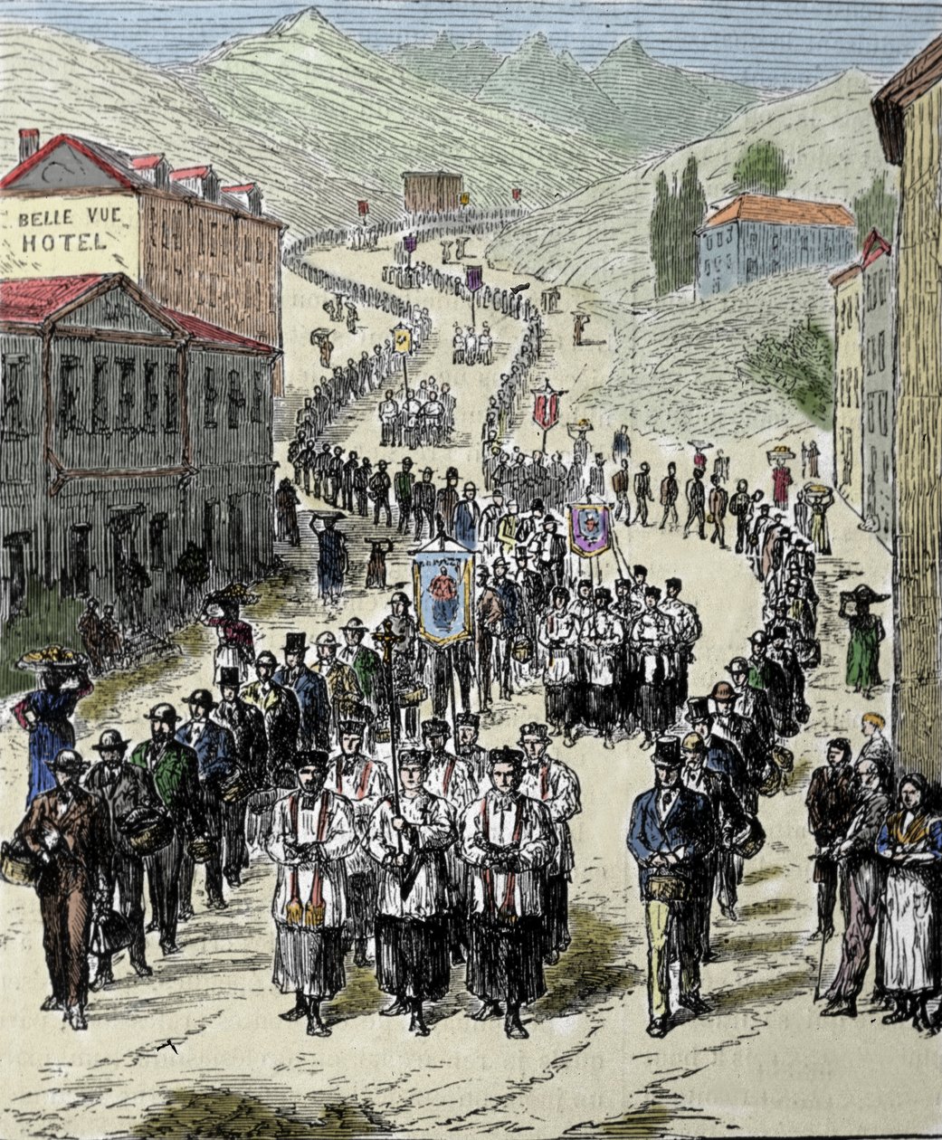 Vista da procissão desde a estação até a gruta de Lourdes nos altos Pirinéus, onde a Virgem apareceu a Bernadette Soubirous (1844-1879) em 1858, atual lugar de peregrinação. Gravura do século XIX de Unknown artist