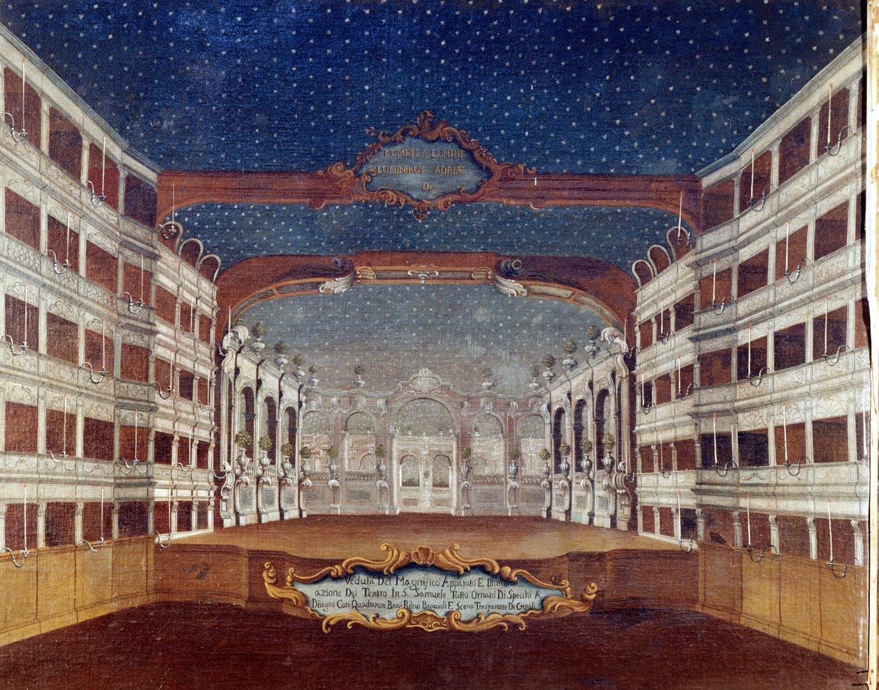 Vista do teatro San Samuele (Samuel) em Veneza destruído pelo fogo em 1747. Desenho do século XVIII. de Unknown artist