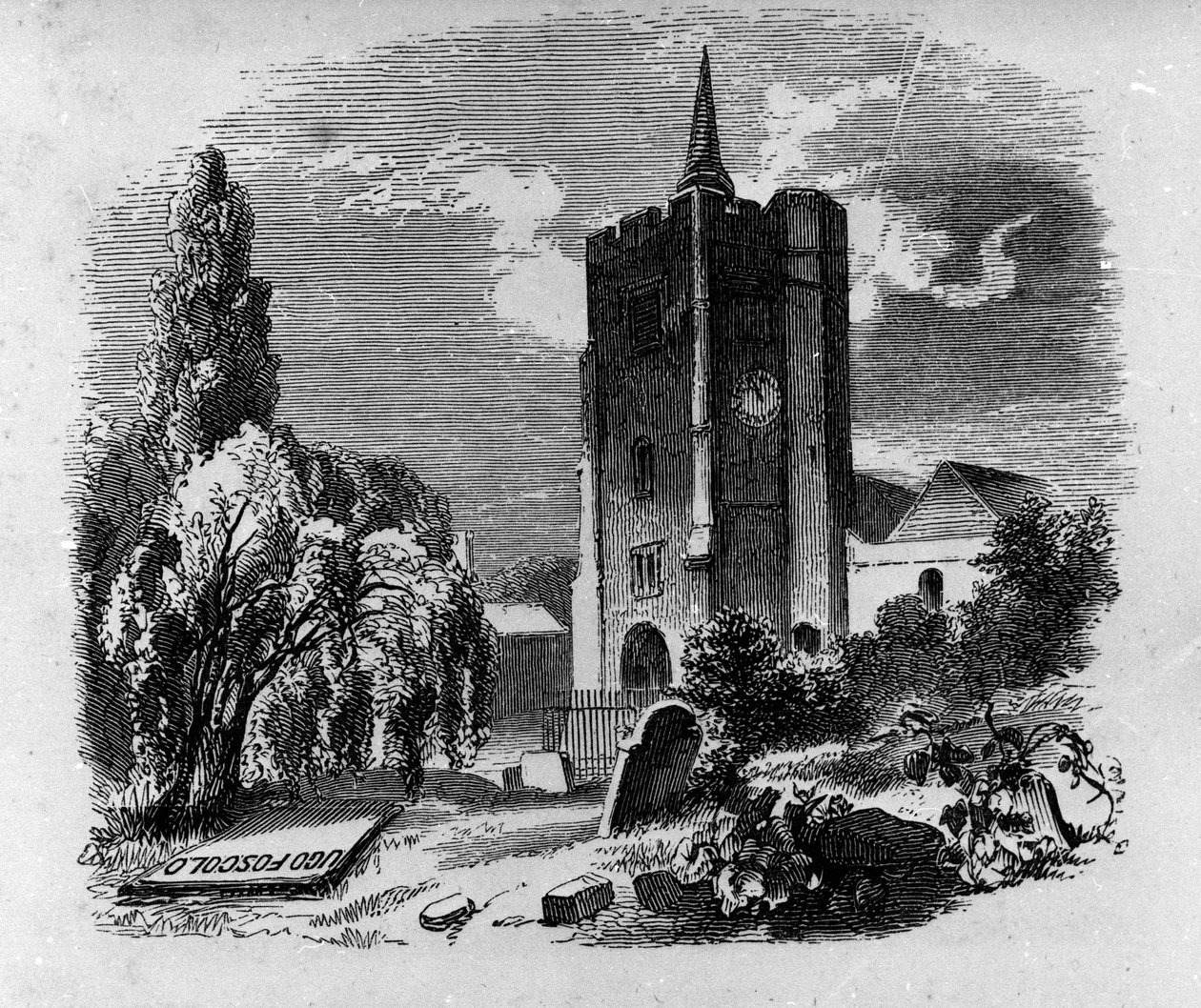 Vista do túmulo do poeta e dramaturgo italiano Ugo Foscolo (1778-1827) no cemitério de Chiswick, em Londres. Gravura do século XIX de Unknown artist