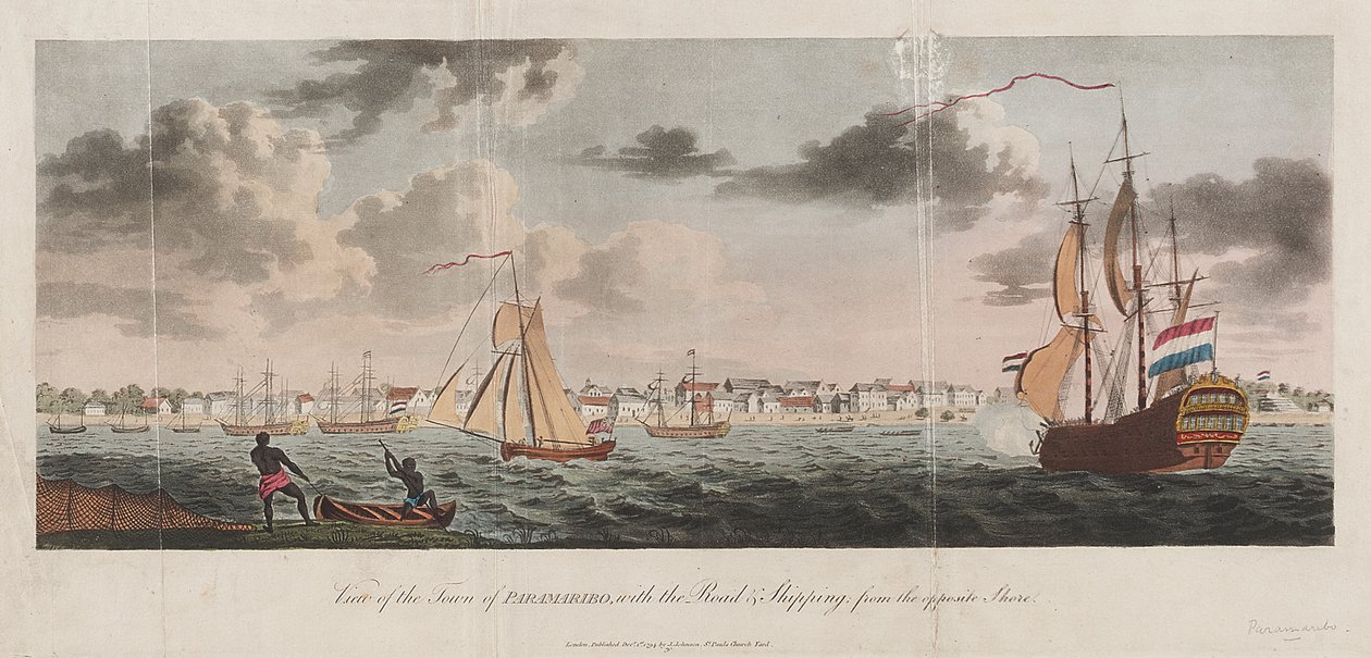 Vista da cidade de Paramaribo, com a estrada e a navegação a partir da margem oposta de Unknown artist