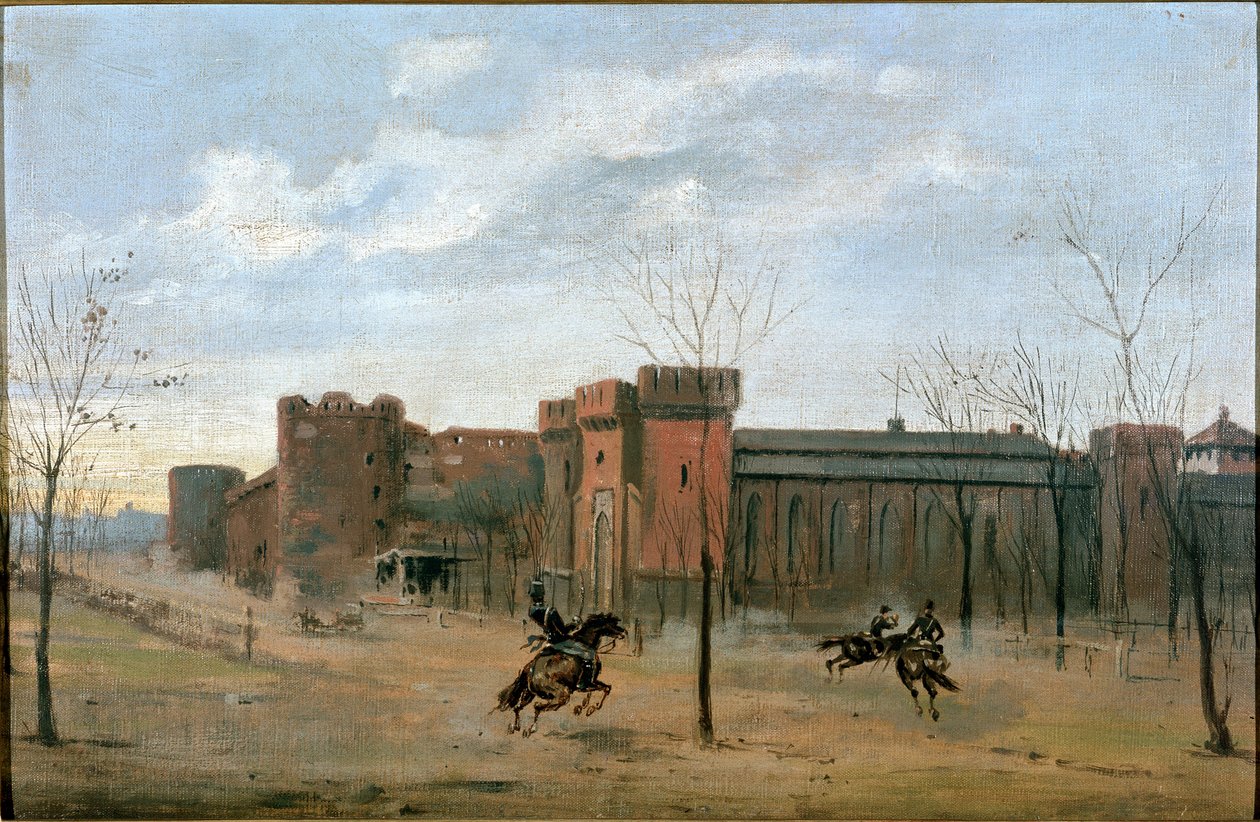 Vista sobre o castelo de Sforza com treino de cavalaria (pintura de Unknown artist