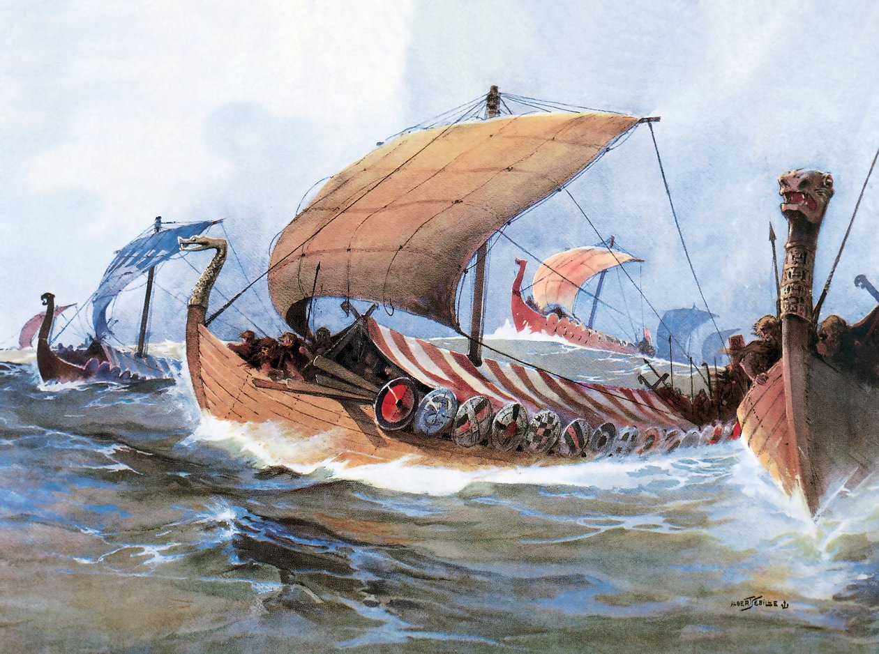 Barco Viking em trânsito em direcção à Normandia, aguarela de Unknown artist