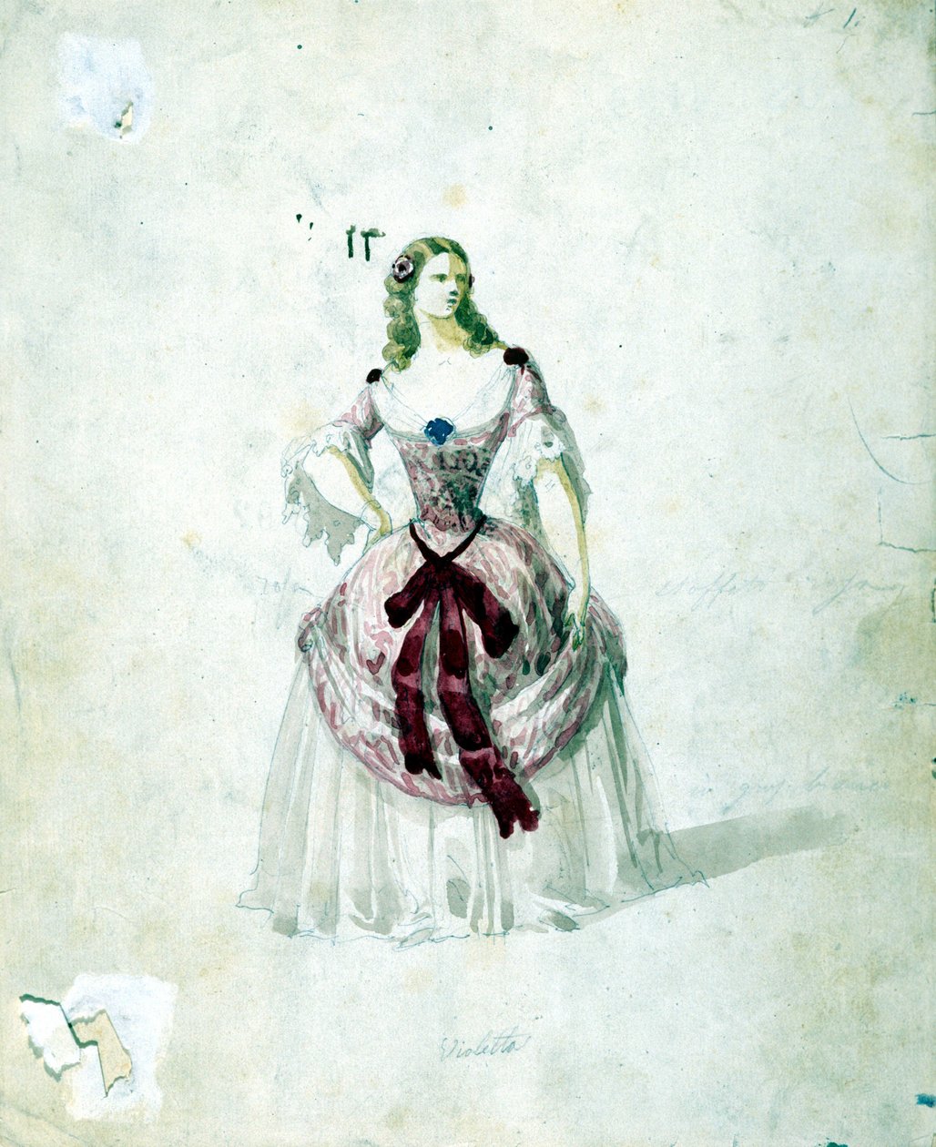 Fato Violetta para a ópera "La Traviata" de Giuseppe Verdi em La Scala, em 1855. de Unknown artist