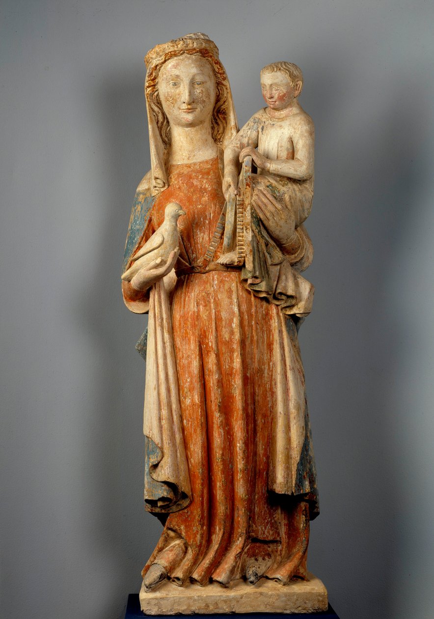Virgem e Criança A Virgem segura uma pomba na mão. Escultura em pedra policromada. Século XV. Igreja de Montaigu les Bois. de Unknown artist