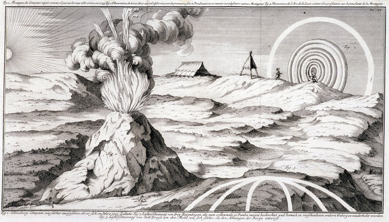 Vulcão na montanha de Cotopaxi - em "Viagem Histórica da América do Sul feita pela Ordem do Rei de Espanha por Don George Juan e Don Antoine de Ulloa", T.1, no C.A. Jombert, Librairie du Roi, Paris de Unknown artist