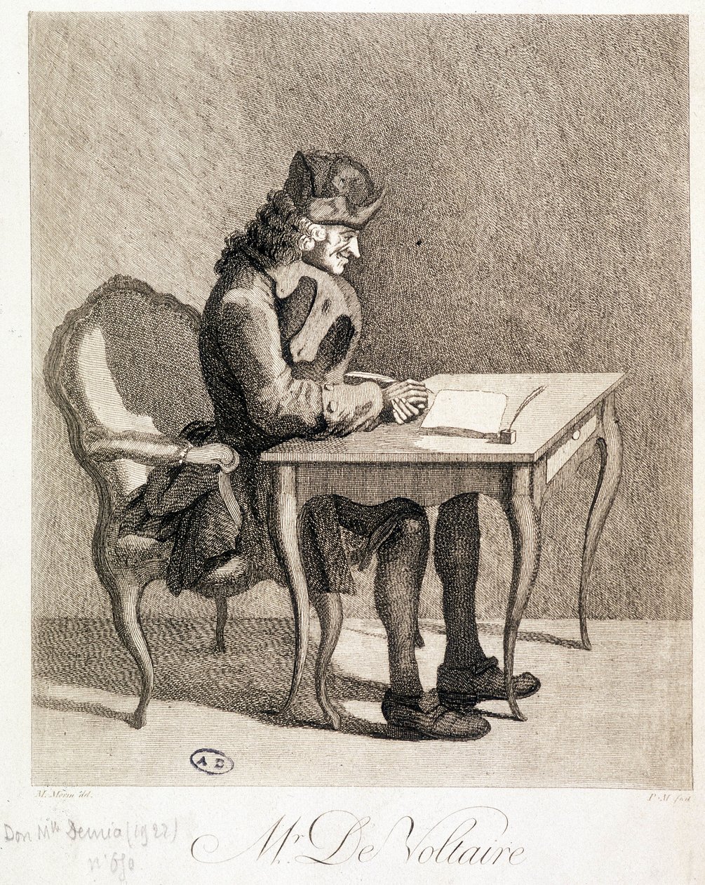 Voltaire na sua mesa de trabalho - gravura de Unknown artist