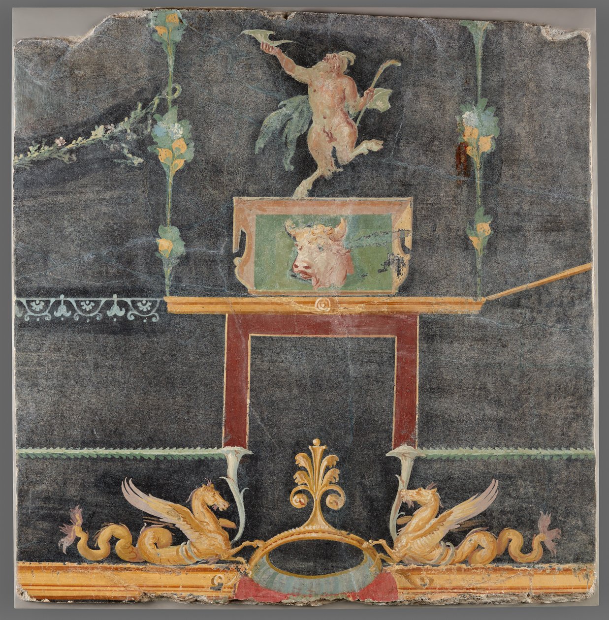 Fragmento de parede com sátiro dançante, hipocampos e outros motivos decorativos sobre fundo preto de Unknown artist