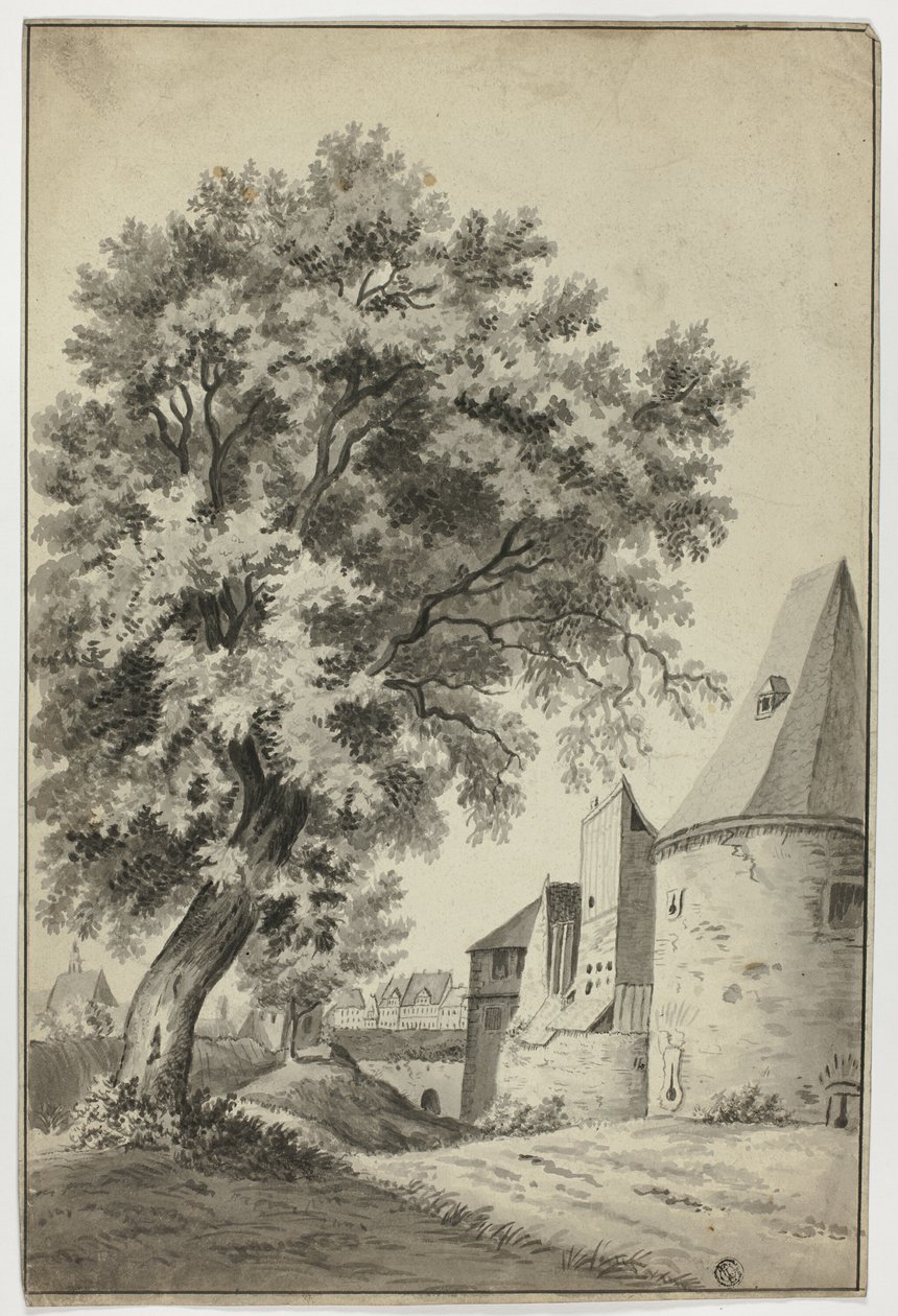 Aldeia murada e árvore alta de Unknown artist