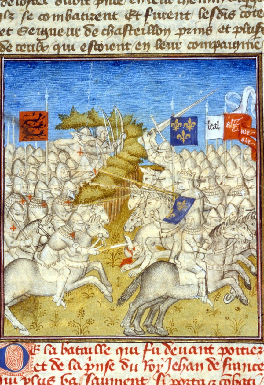 Guerra dos Cem Anos: Batalha de Poitiers - em "Grandes Crônicas de Saint-Denis", final do século XIV (ref. 512, 392v) de Unknown artist