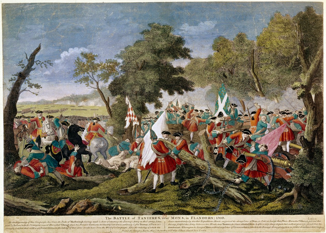 Guerra da Sucessão Espanhola (1701-1714): vista da Batalha de Malplaquet perto de Mons na fronteira franco-belga 11/09/1709 opondo as tropas francesas e espanholas a uma coligação inglesa, holandesa e austríaca - Impressões de 1709 - BN Paris de Unknown artist