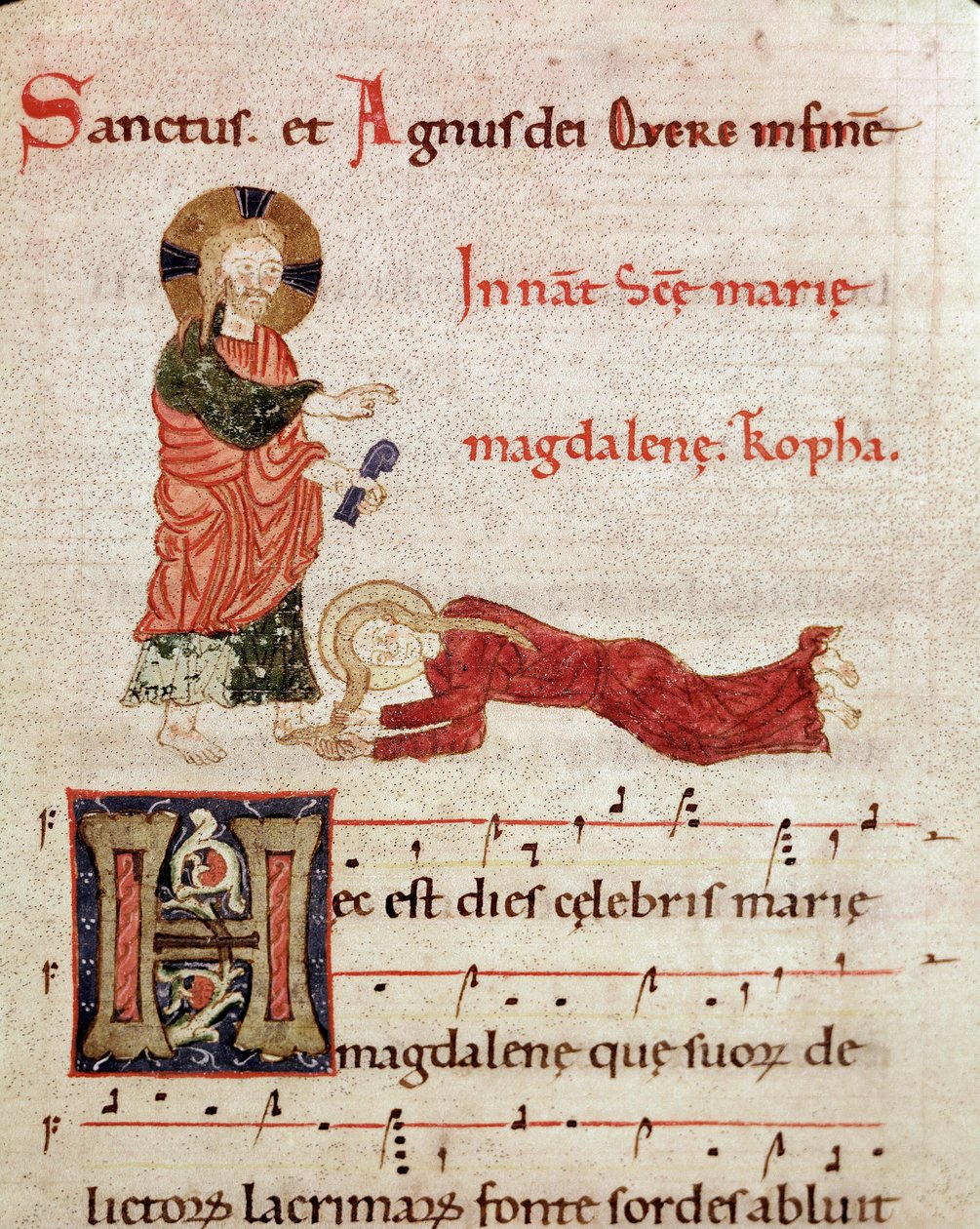Lavagem dos pés: Maria Madgalena apoiada nos pés de Cristo Miniatura de um antífona gradual (ms. 65) Século XII Piacenza, Biblioteca Capitolare de Unknown artist
