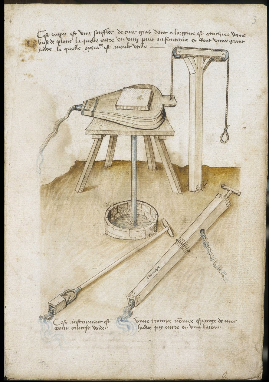 Instrumentos de bombeamento de água - Manuscrito: folha de pergaminho de um manual de engenharia para a construção de edifícios civis, religiosos e militares, anónimo, finais do século XV (figura em tinta chinesa) de Unknown artist