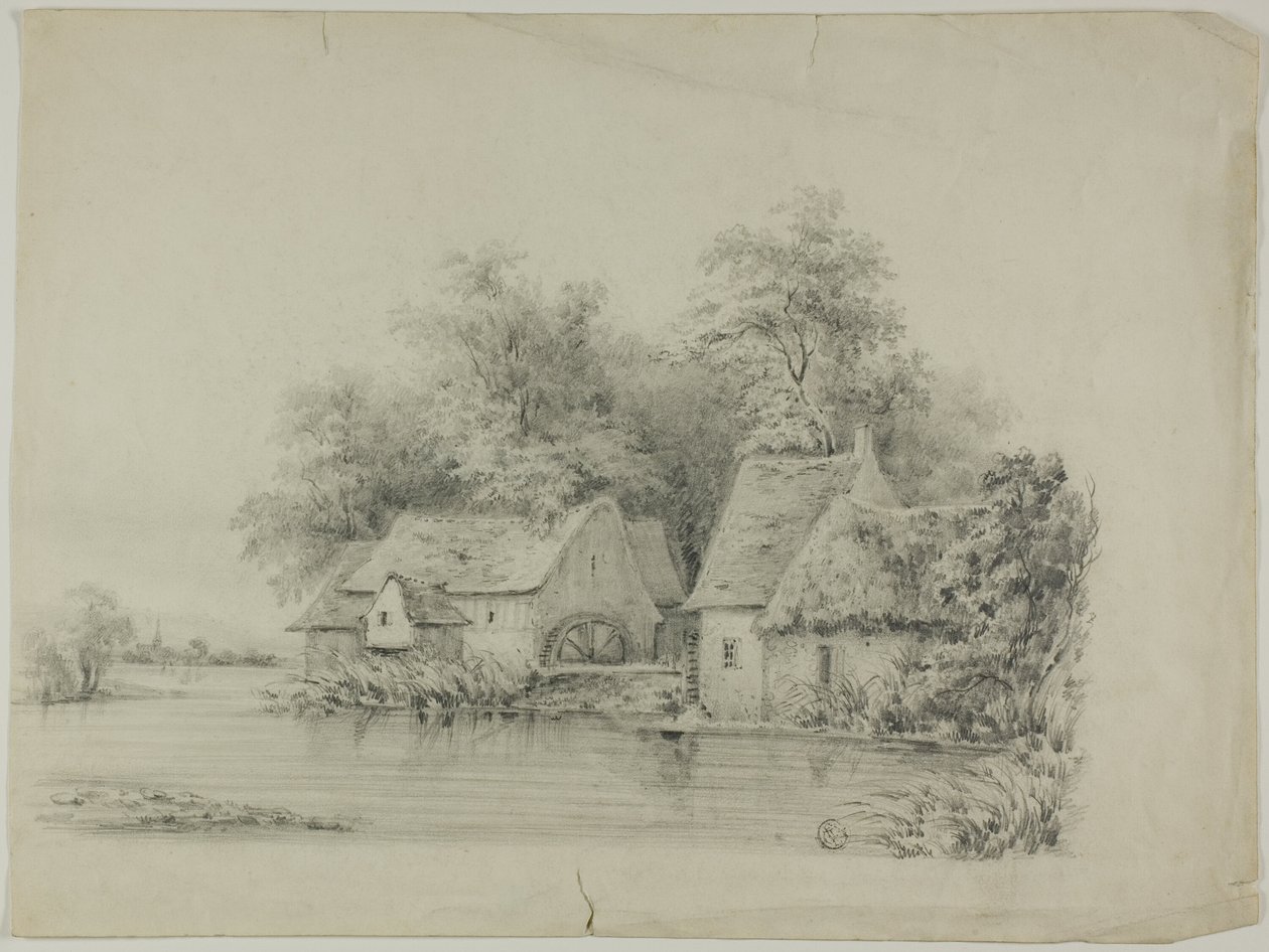 Moinho de água e casa de campo com telhados de palha de Unknown artist