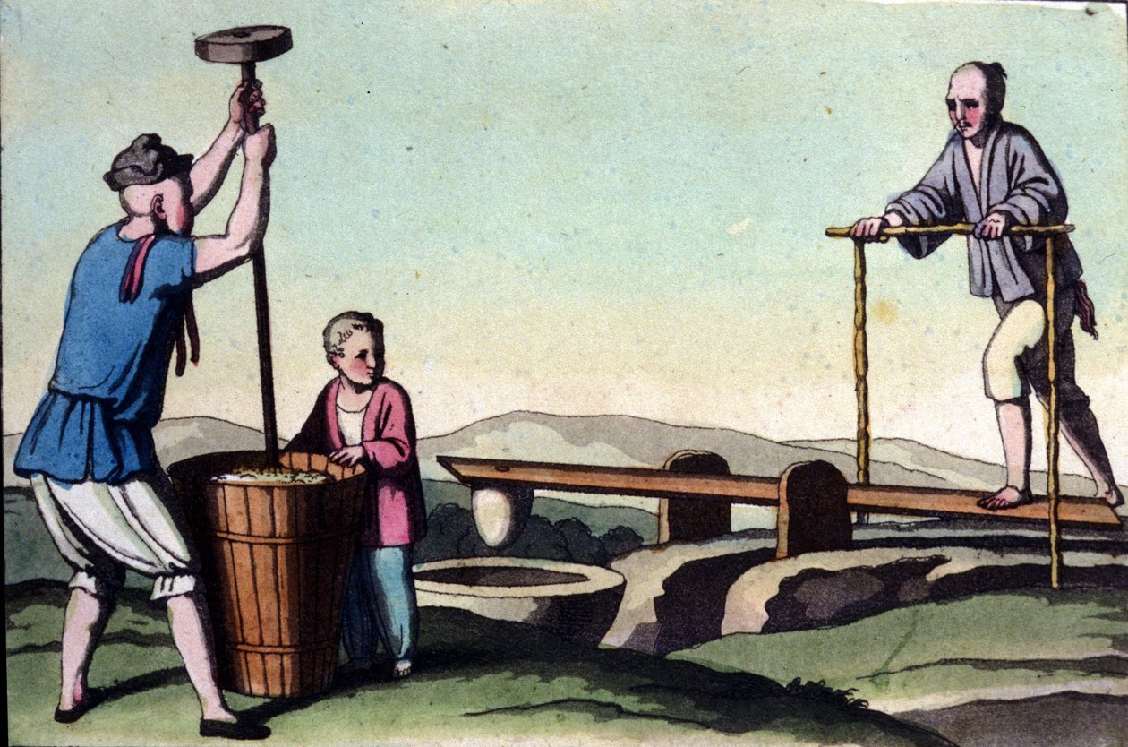 Formas de pilhagem de arroz na China. Impressão do século XIX. de Unknown artist