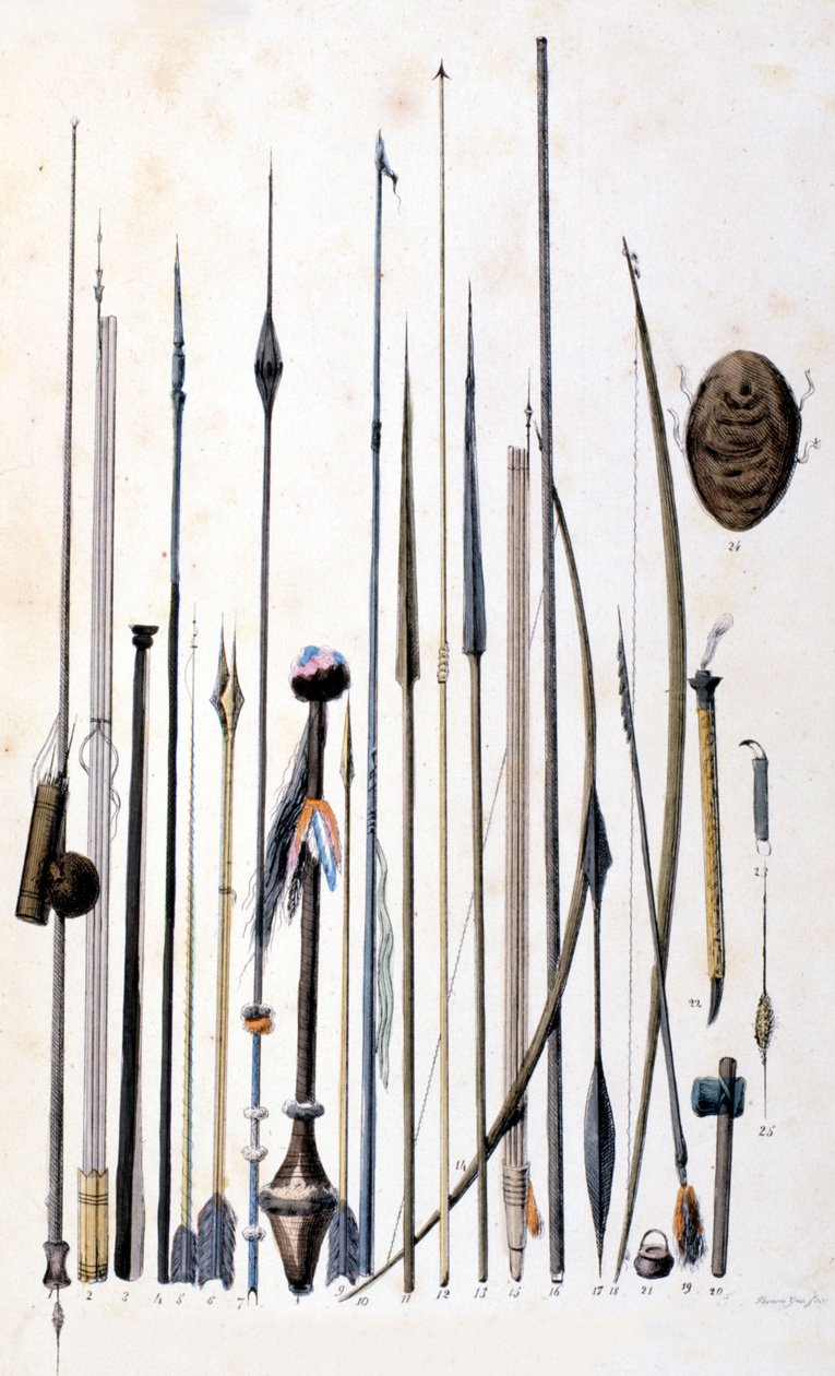 Armas dos índios Jivaros. Gravura de 1846-48. de Unknown artist