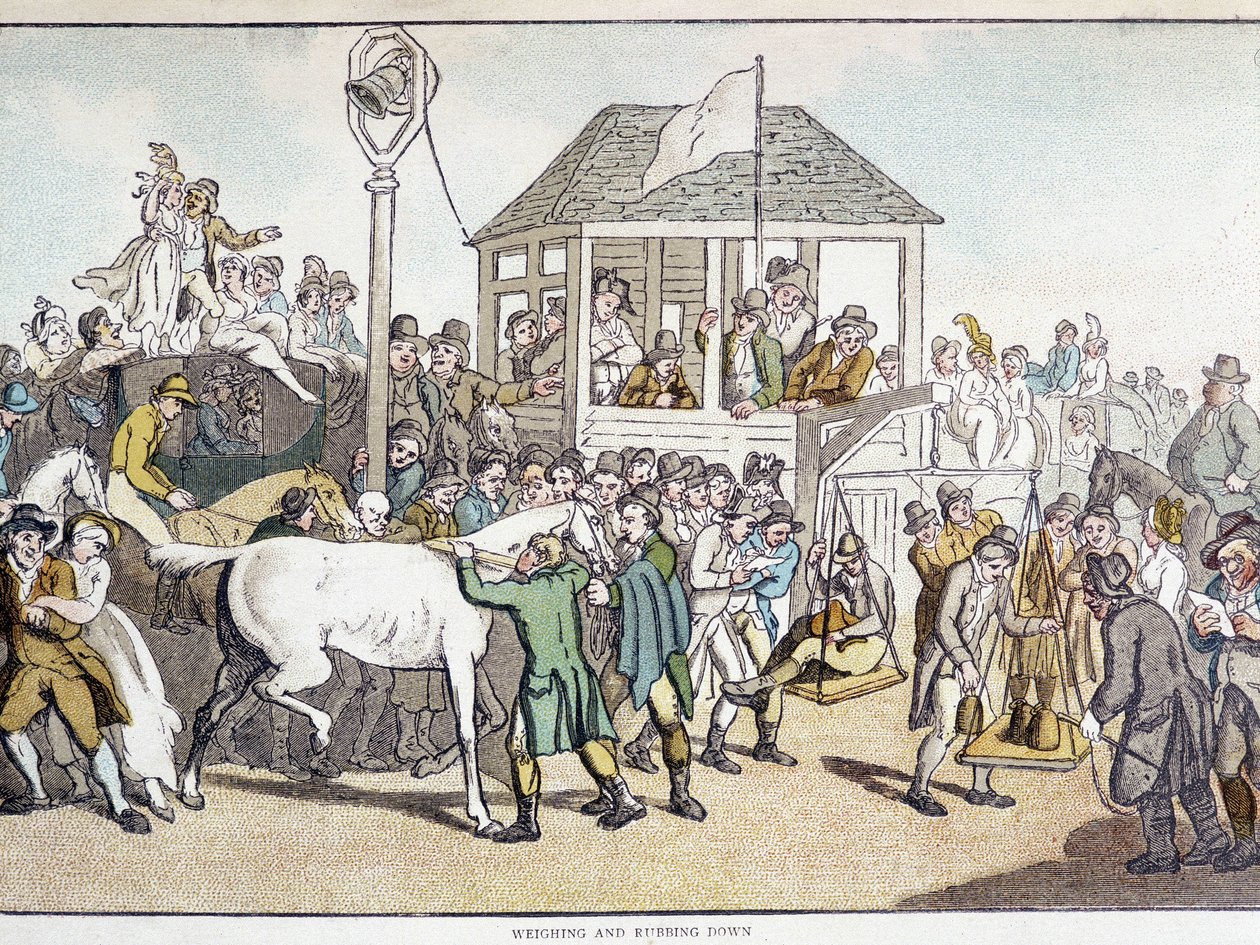 Pesagem e lavagem antes de uma corrida a cavalo (final do século XIX). de Unknown artist