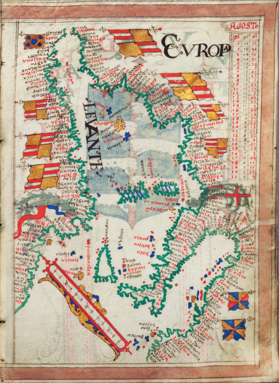 Mediterrâneo Ocidental, encadernado num atlas de vinte e cinco cartas com diagramas e tabelas, c.1550-60 (velino) de Unknown artist