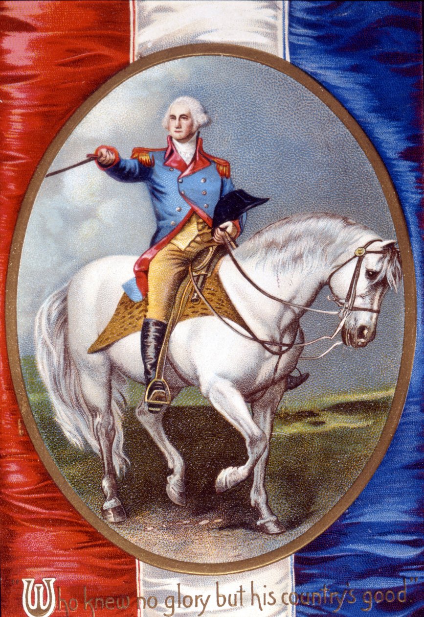 Que não conhecia nenhuma glória a não ser o bem do seu país: George Washington (1732 - 1799) cavalgando em medalhão nas costas da bandeira francesa. Cromolitógrafo do século XIX. de Unknown artist