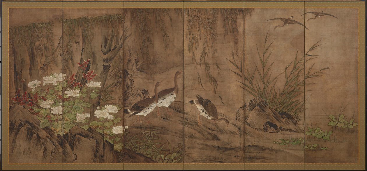 Gansos selvagens, salgueiros e peônias de Unknown artist