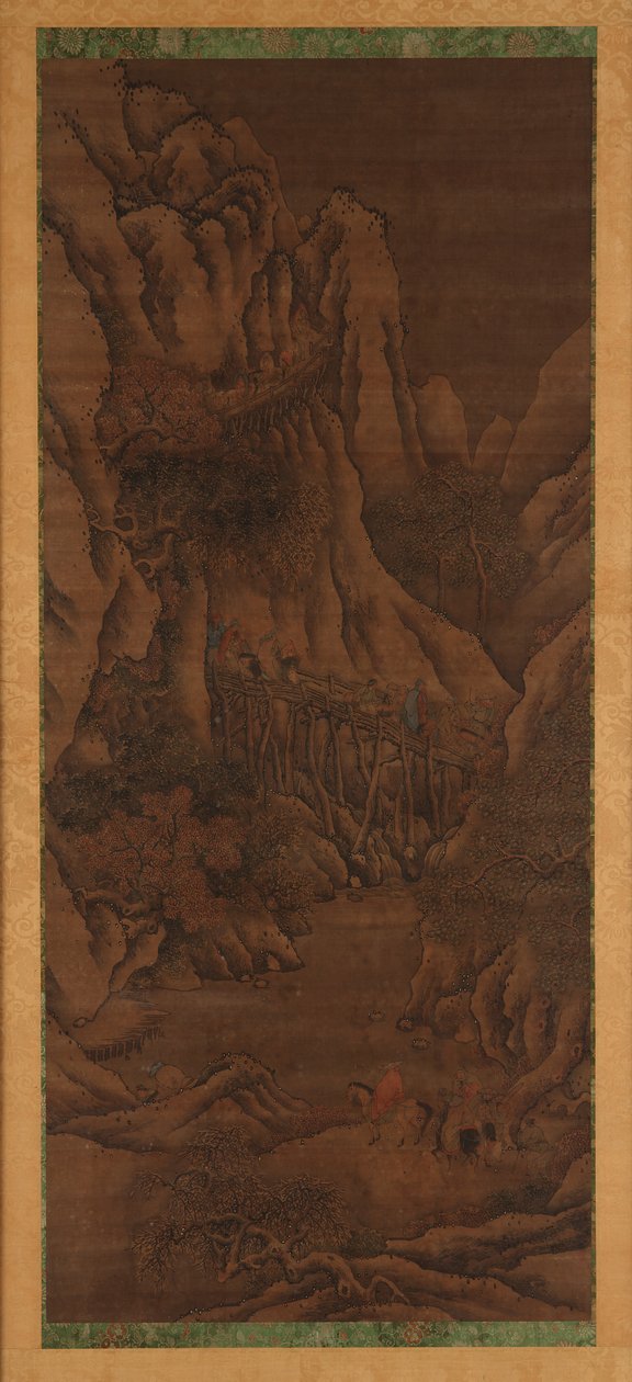 Paisagem de inverno: colinas e rio; figuras de viajantes montados de Unknown artist