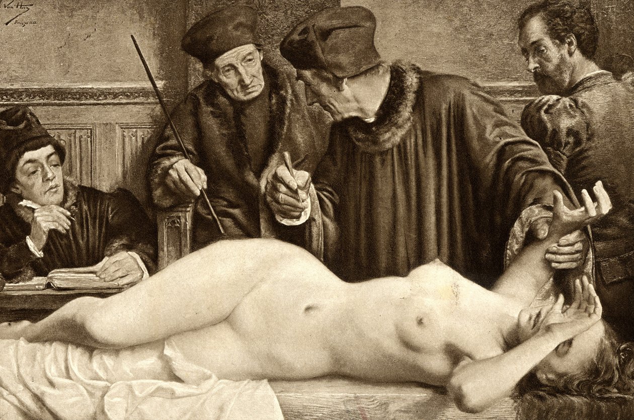 Feitiçaria. Os cientistas procuram uma toupeira no corpo de uma bruxa, a fim de beliscá-la e estudar a reação. Ilustração de E. Van Hoove. 1888 de Unknown artist