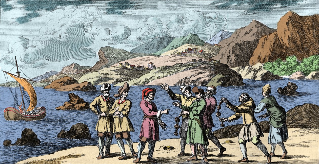 Feitiçaria e crenças: Finlandês e Sami provocando uma tempestade pela magia de três nós. Gravura de "Mundi Mirabilis Oeconomia" de Johann Zahn (1631-1707) de Unknown artist
