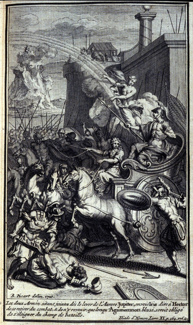 Com os dois exércitos unindo-se à ascensão da aurora, Júpiter enviou Iris para dizer a Hector que se retirasse da batalha e que voltasse somente quando Agamémnon sofresse, seria forçado a se afastar do campo de batalha. Ilustração do livro XI da Ilíada de  de Unknown artist