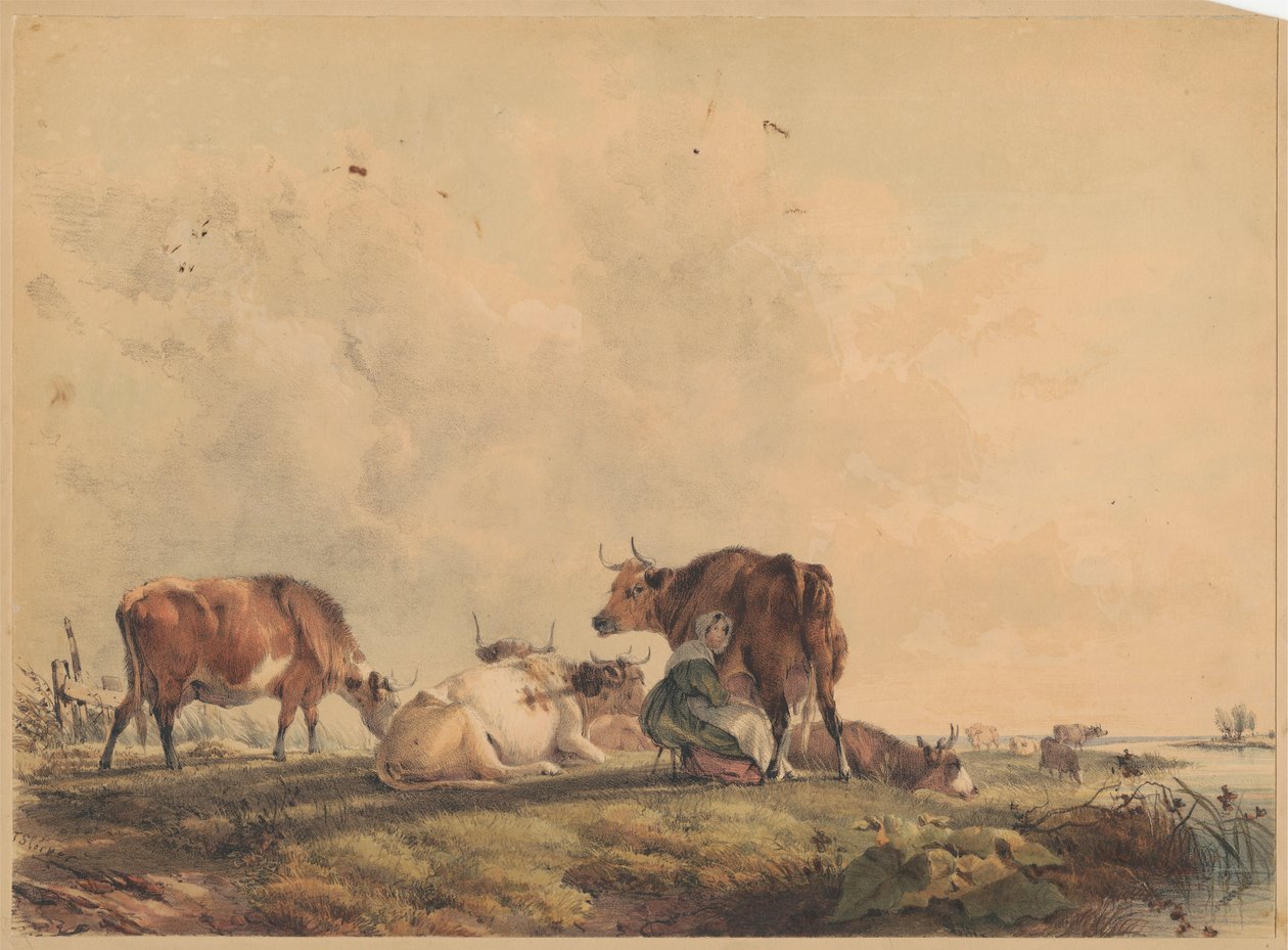 Mulher a ordenhar uma vaca de Unknown artist