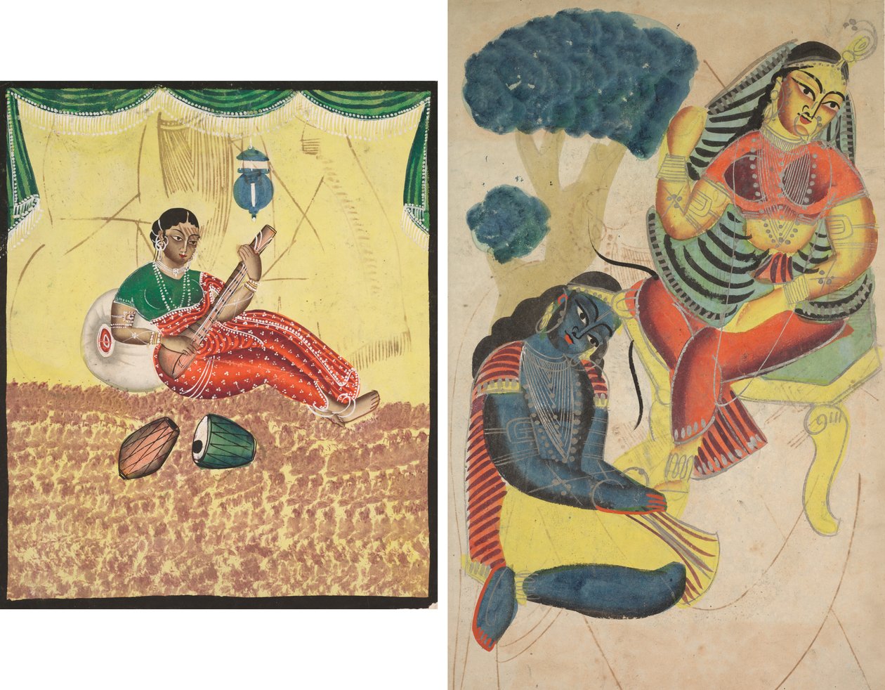 Mulher tocando música (reto); Krishna Acariciando os Pés de Radha (verso) de Unknown artist