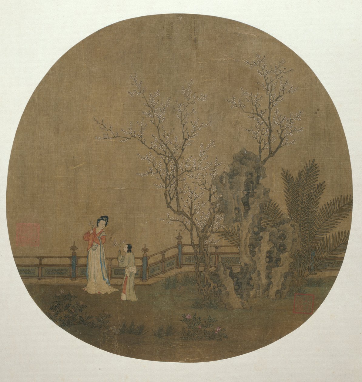 Mulher com empregada num jardim do palácio de Unknown artist