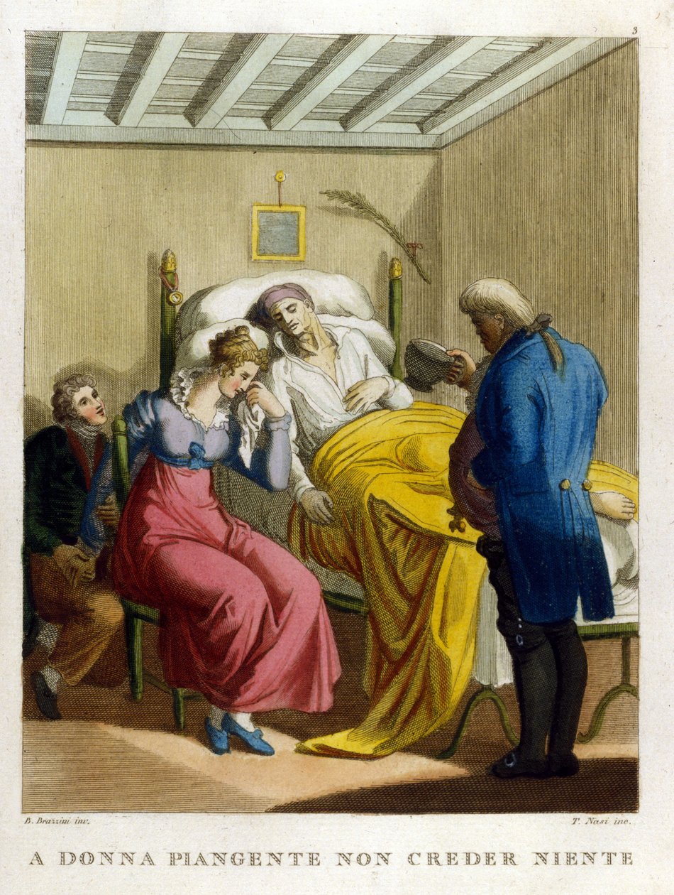 "Lágrimas de mulher, fonte de malícia. Ver uma mulher a chorar." Gravura do século XVIII a ilustrar uma série de provérbios. de Unknown artist