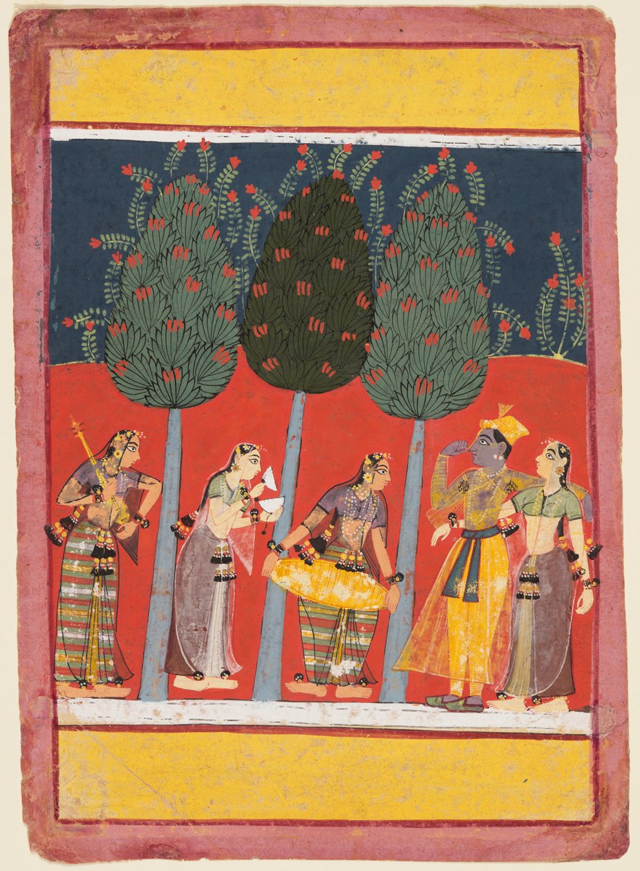 As mulheres tocam música para Radha e Krishna: Chitrini Nayika, de um Rasikapriya de Unknown artist