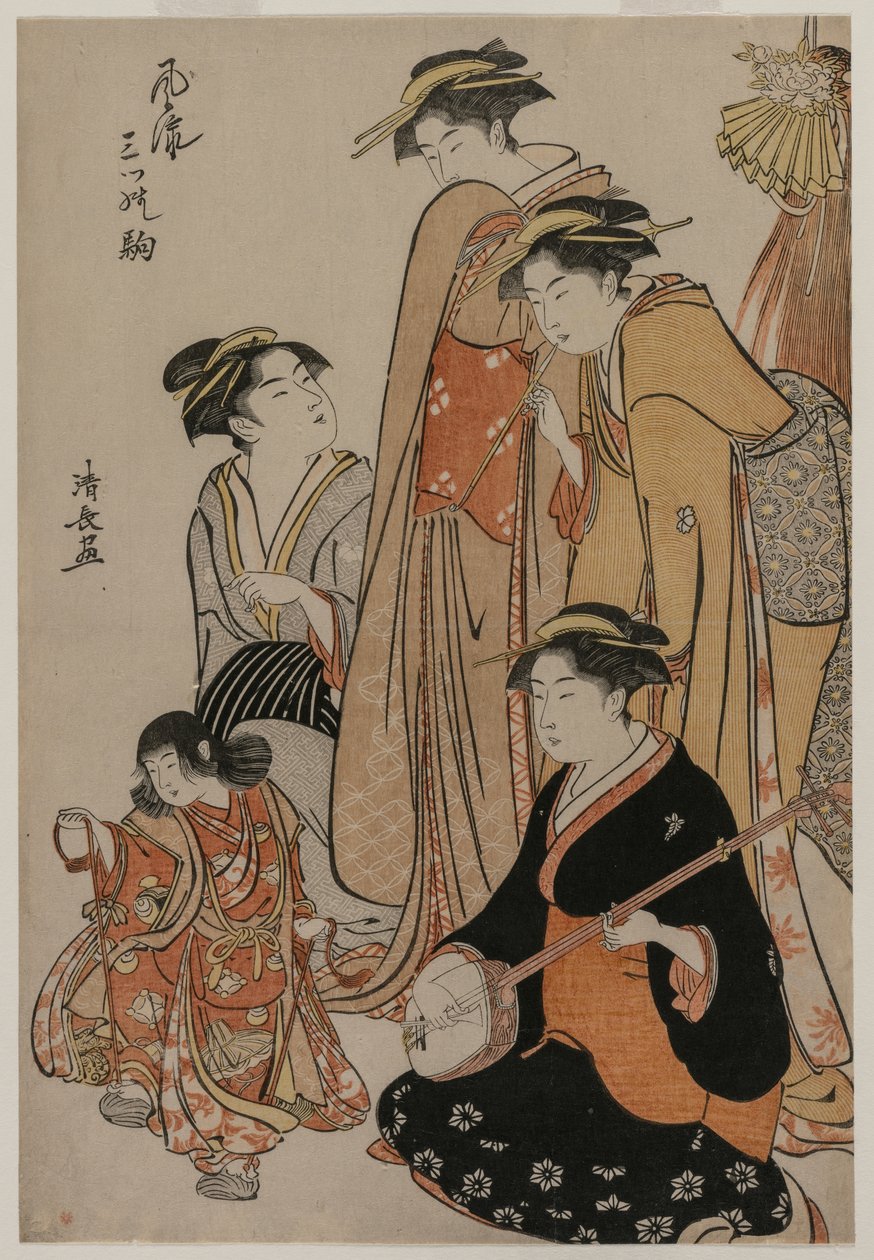 Mulheres assistindo uma garota dançar em conchas (da série Apresentações na moda de três cavalos) de Unknown artist