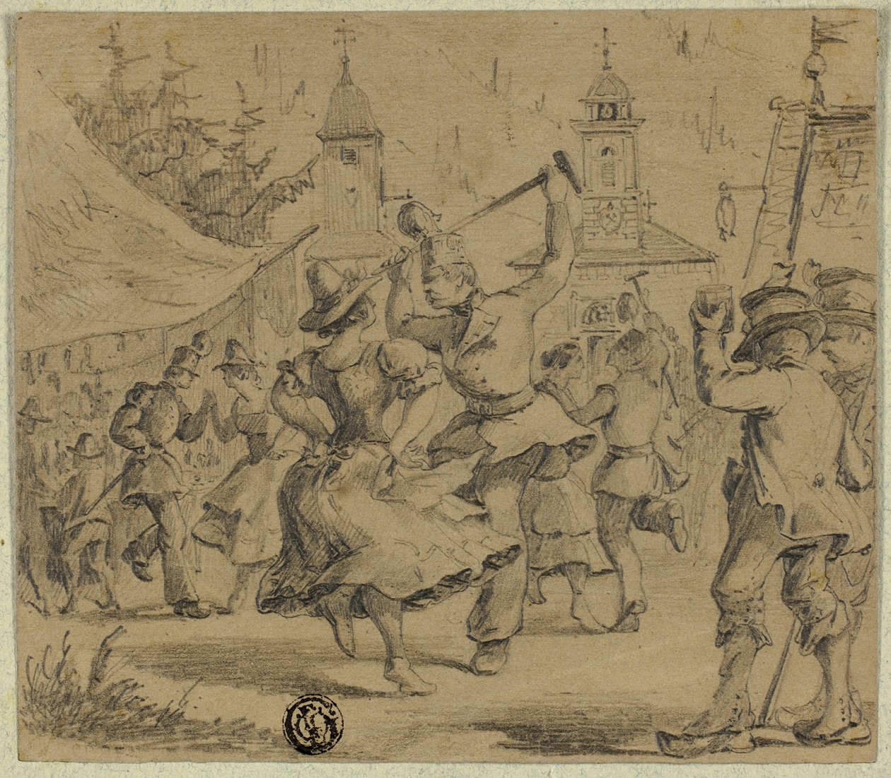 Mulheres e soldados a dançar na praça da aldeia de Unknown artist