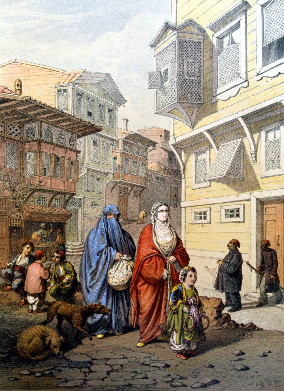 Mulheres veladas em uma rua de Constantinopla - gravura de Unknown artist
