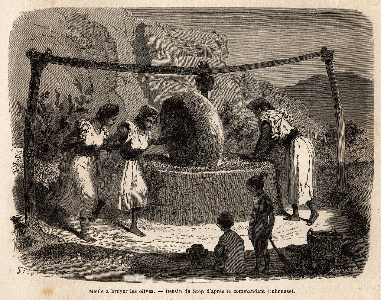 Trabalho feminino, moenda de azeitonas, um dos principais produtos agrícolas em Djurjura (Argélia). Gravura para ilustrar a excursão ao grande Kabilie, entre o Mediterrâneo e o Djurjura, em 1864, pelo comandante Duhousset, em "Le tour du mo de Unknown artist